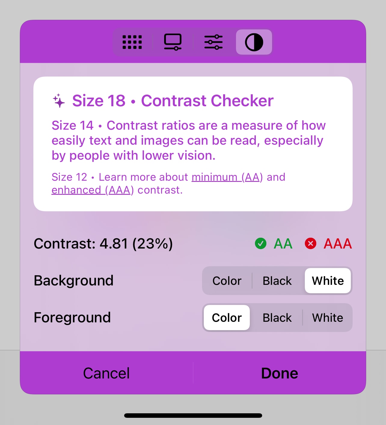 Alderis’s Contrast Checker tab displaying pink text with 4.81 (23%) contrast on a white background.