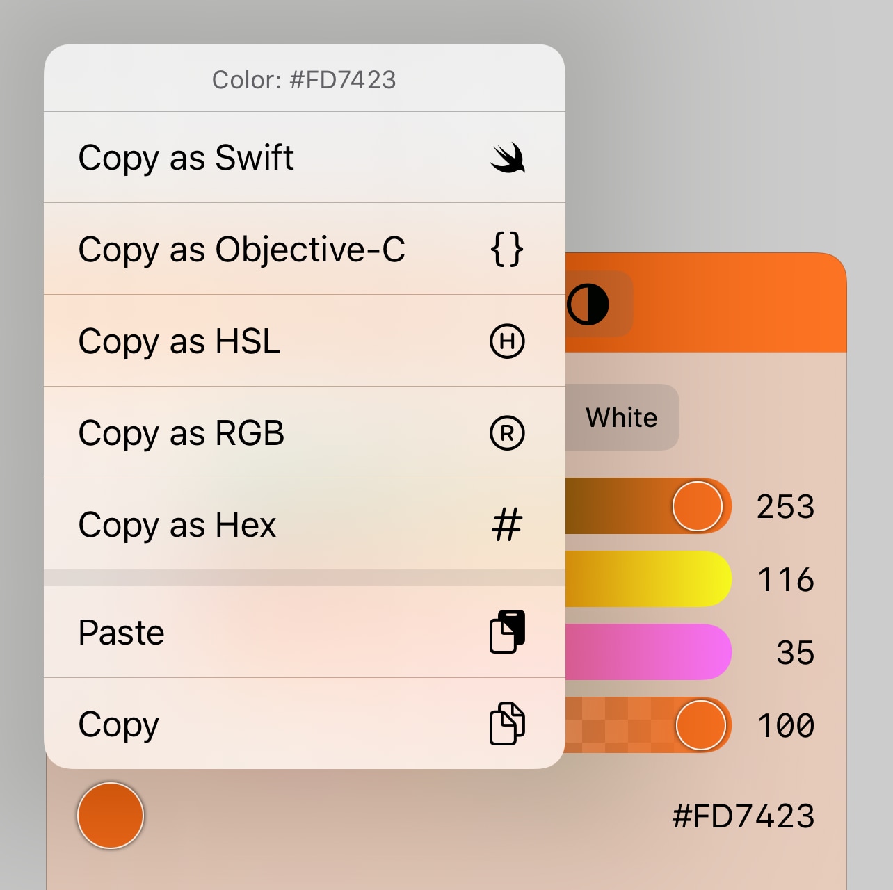 Alderis’s color context menu, allowing copying a color in hex, RGB, HSL, Objective-C, and Swift formats, or pasting a color.