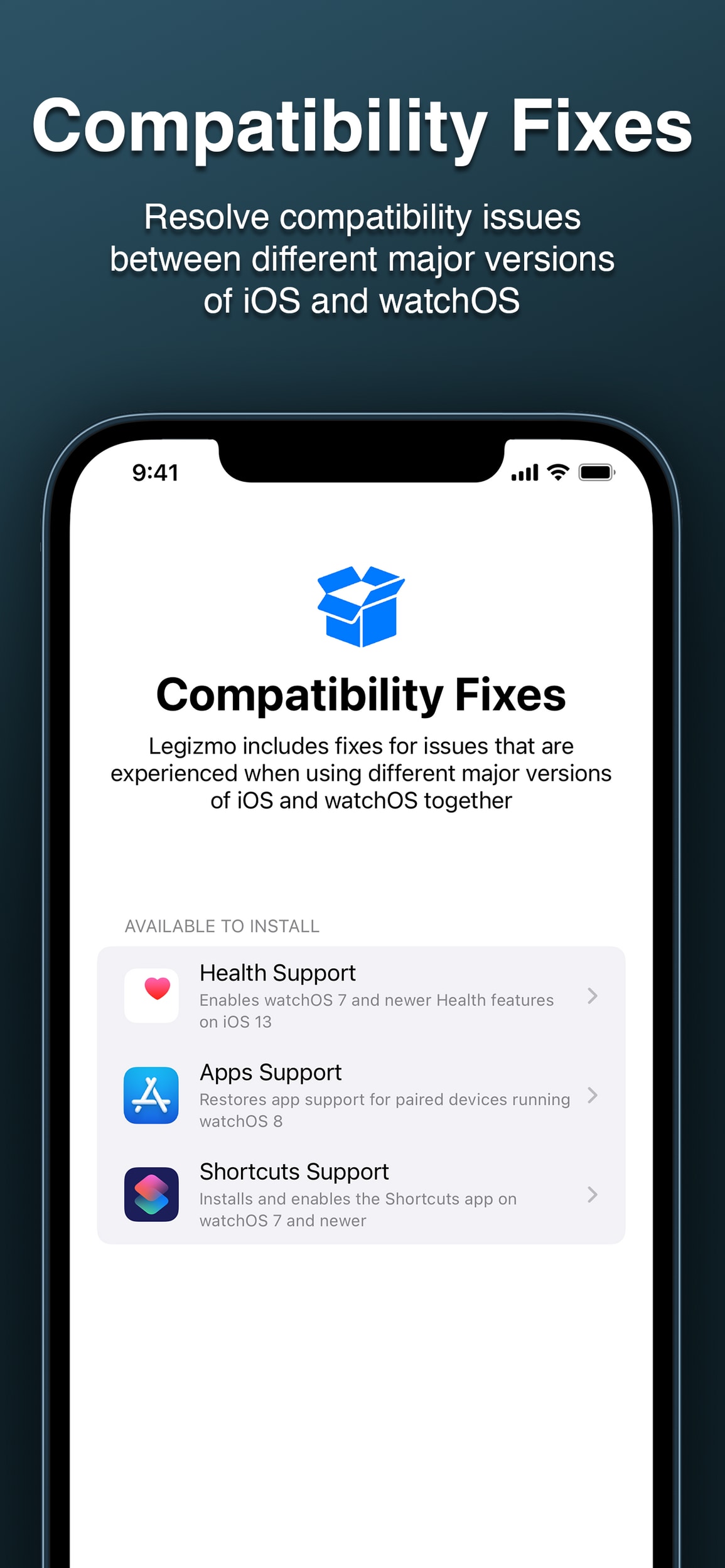 Legizmo's Compatibility Fixes screen, which allows you to resolve compatibility issues between different major versions of iOS and watchOS