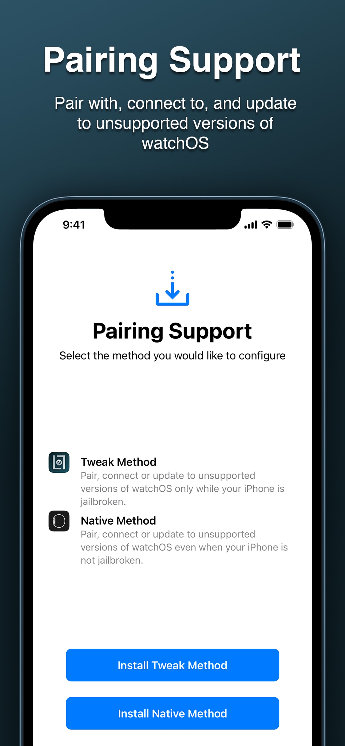 Legizmo's Pairing Support screen, which allows you to pair with, connect to, and update to unsupported versions of watchOS
